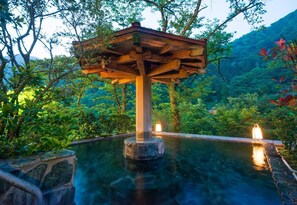 A wooden gazebo over a clear pool surrounded by lush greenery. - Hotel Kurobe (Kurobe)