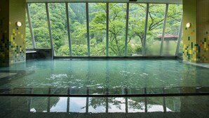 An indoor swimming pool with large windows offering a view of a forested area.