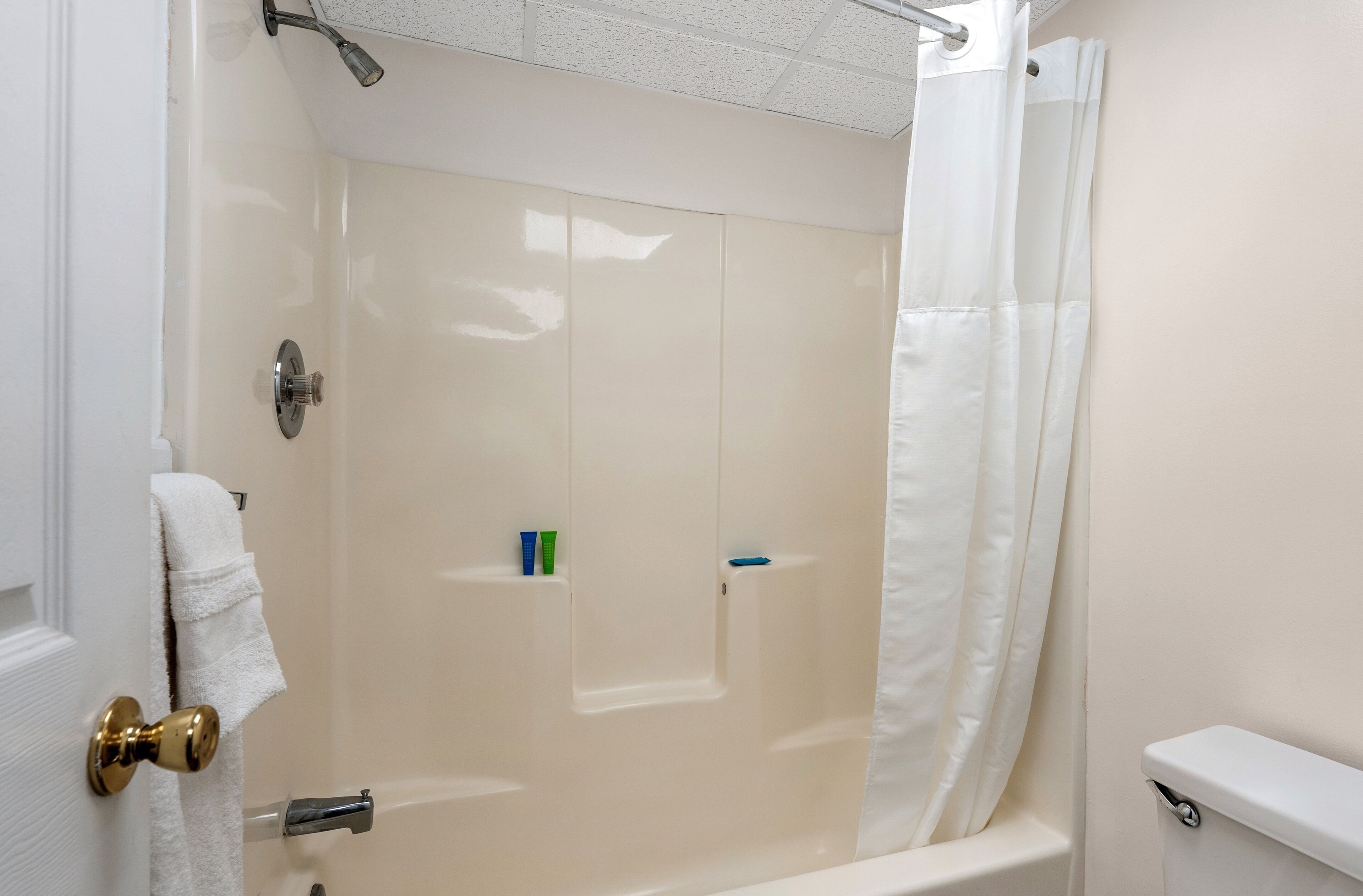 A bathroom with a glass-enclosed shower, a toilet, and a towel hanging on the door.