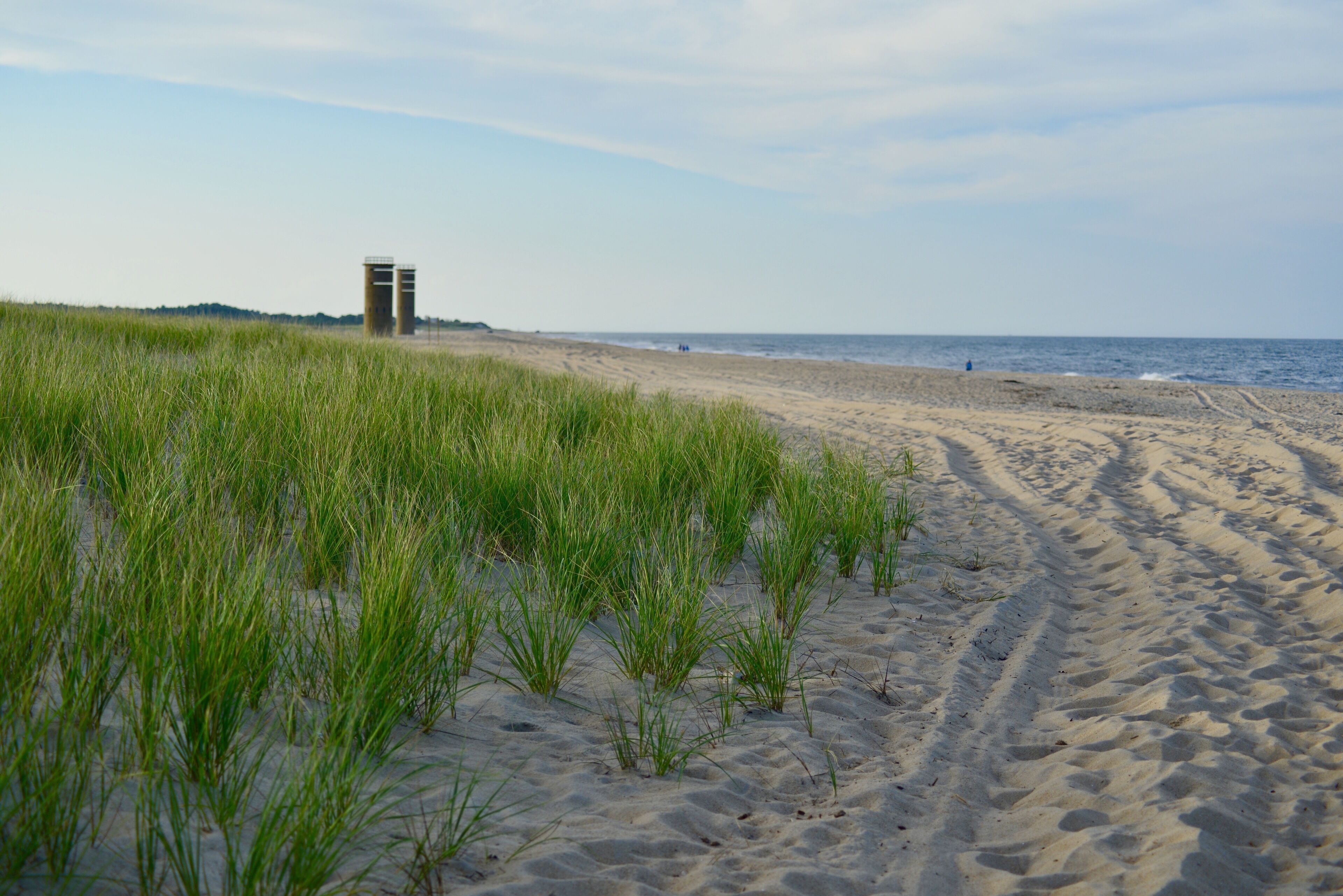 Ein sandiger Strand mit hohem Gras im Vordergrund und einer Struktur im Hintergrund.