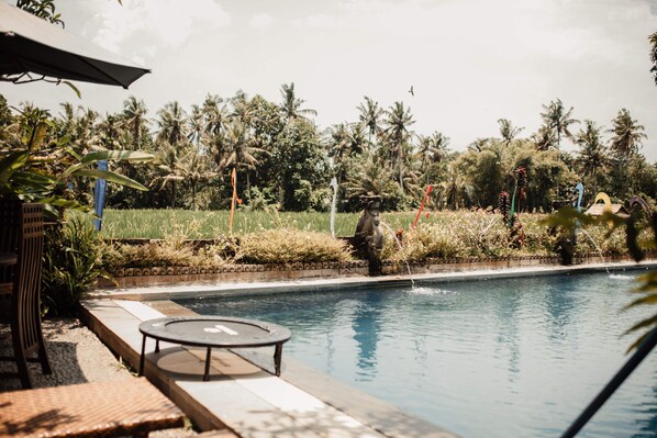 Udendørs pool, gratis hytter, parasoller