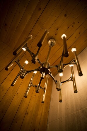 A chandelier with multiple arms and bulbs, suspended from a wooden ceiling. - Antwerp For Two Bed & Breakfast (Antwerp)