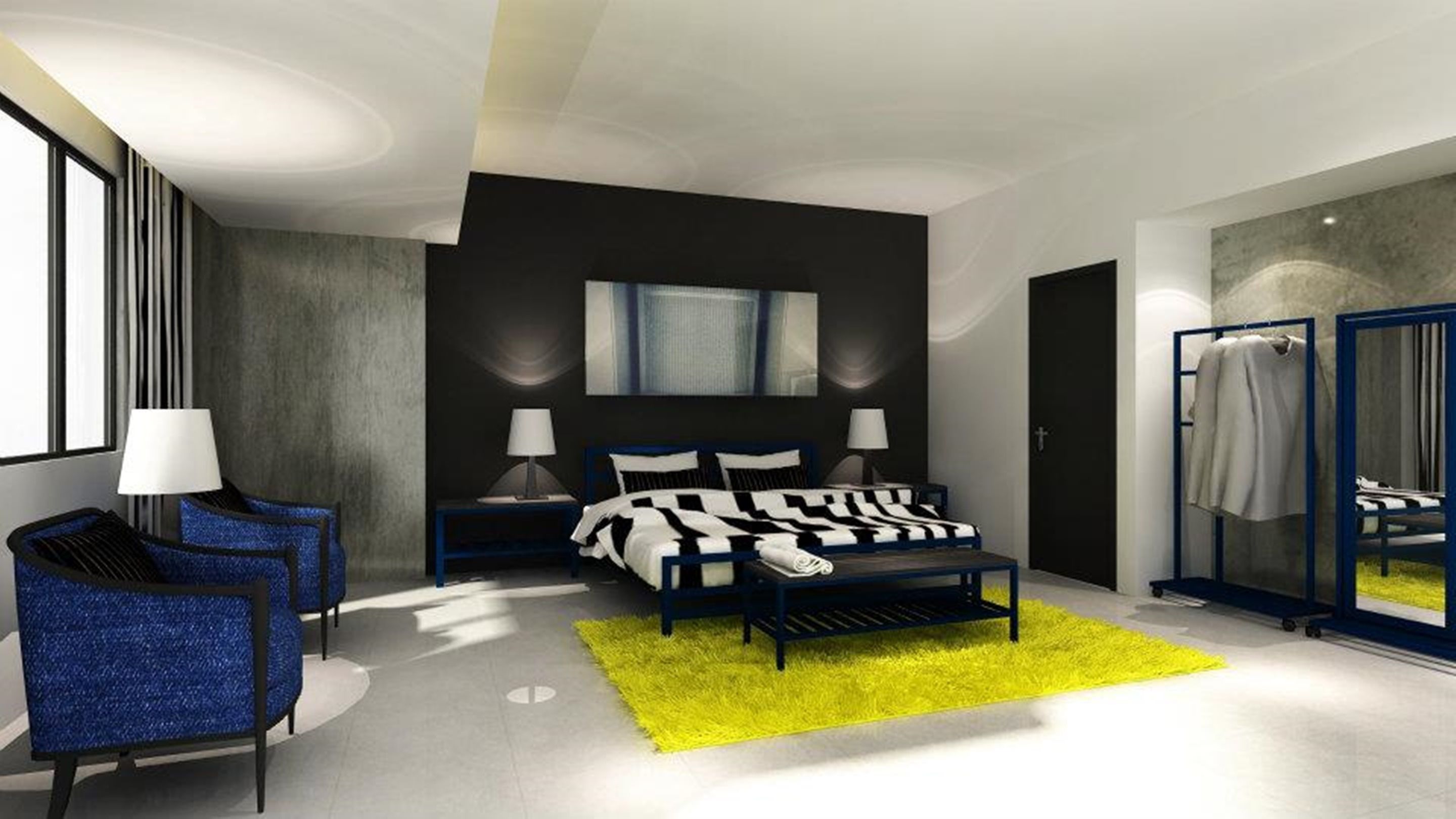 Une chambre moderne avec un grand lit, un fauteuil bleu, un tapis jaune et un miroir avec un portant à vêtements.