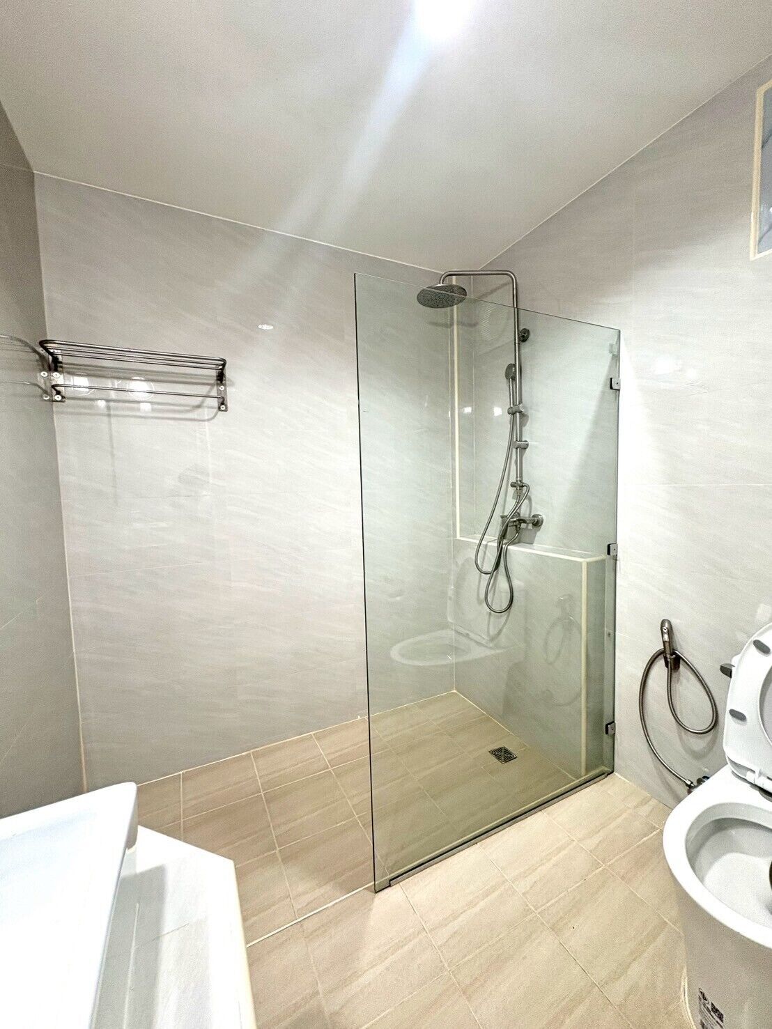 A modern bathroom with a glass-enclosed shower, a toilet, and a towel rack.