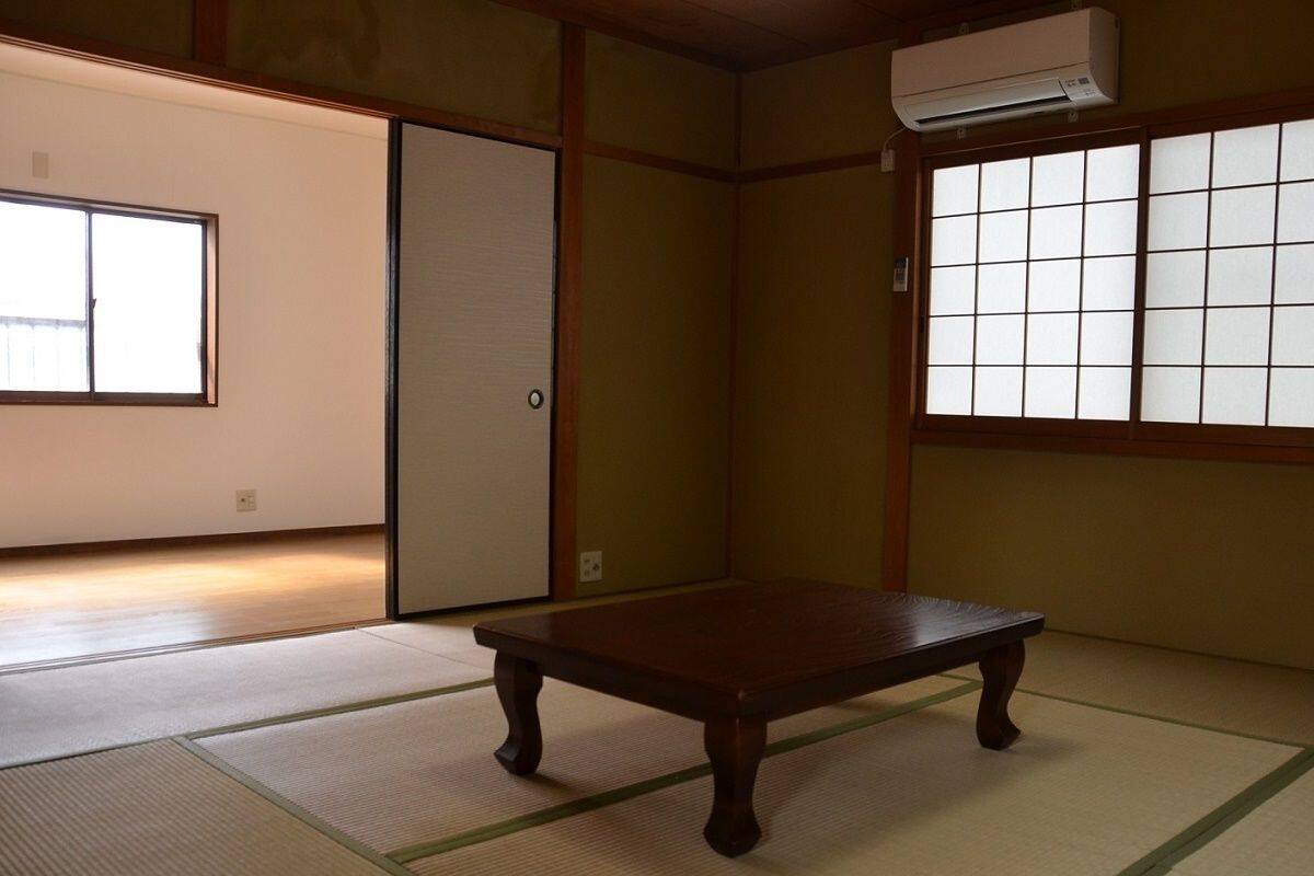A traditional Japanese room with tatami flooring, a low wooden table, sliding doors, and a window with shoji screens.