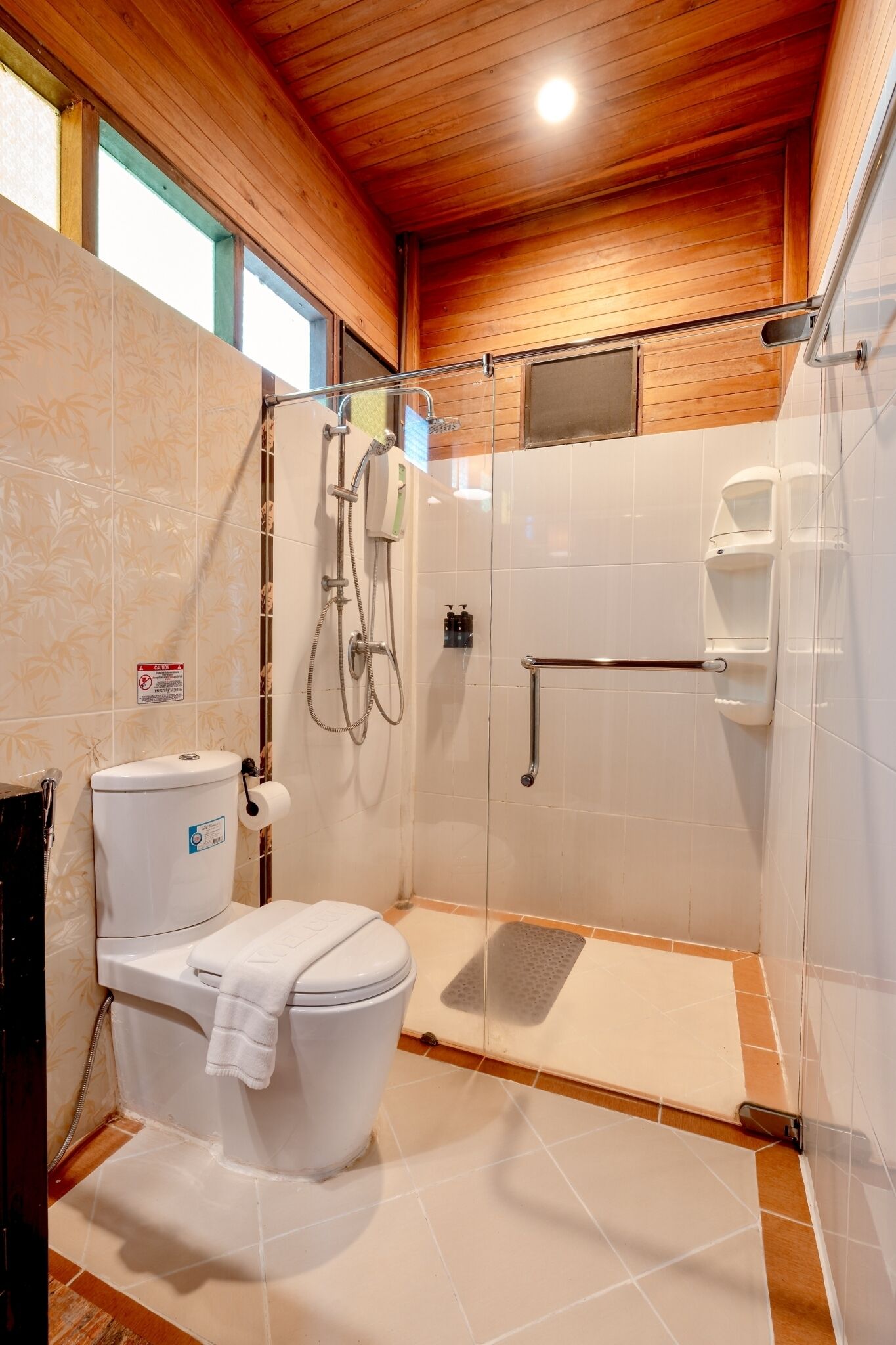 A modern bathroom with a shower, toilet, and handrails.