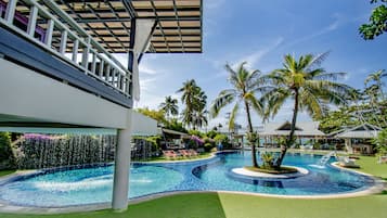 Outdoor pool, pool umbrellas, pool loungers