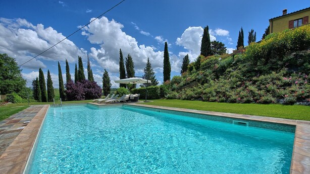 A rectangular swimming pool with clear blue water, surrounded by a well-maintained lawn and various trees. - Villa Sabrina (San Gimignano)
