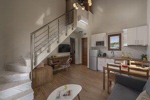 Family Villa, 2 Bedrooms, Private Pool, Pool View | Living area | 43-inch flat-screen TV with satellite channels, TV - Esperanza Villas (Nea Propontida)