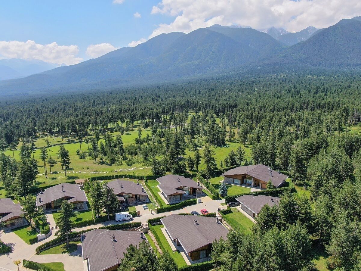 Un quartiere residenziale con numerose case, circondato da una fitta foresta e montagne sullo sfondo.