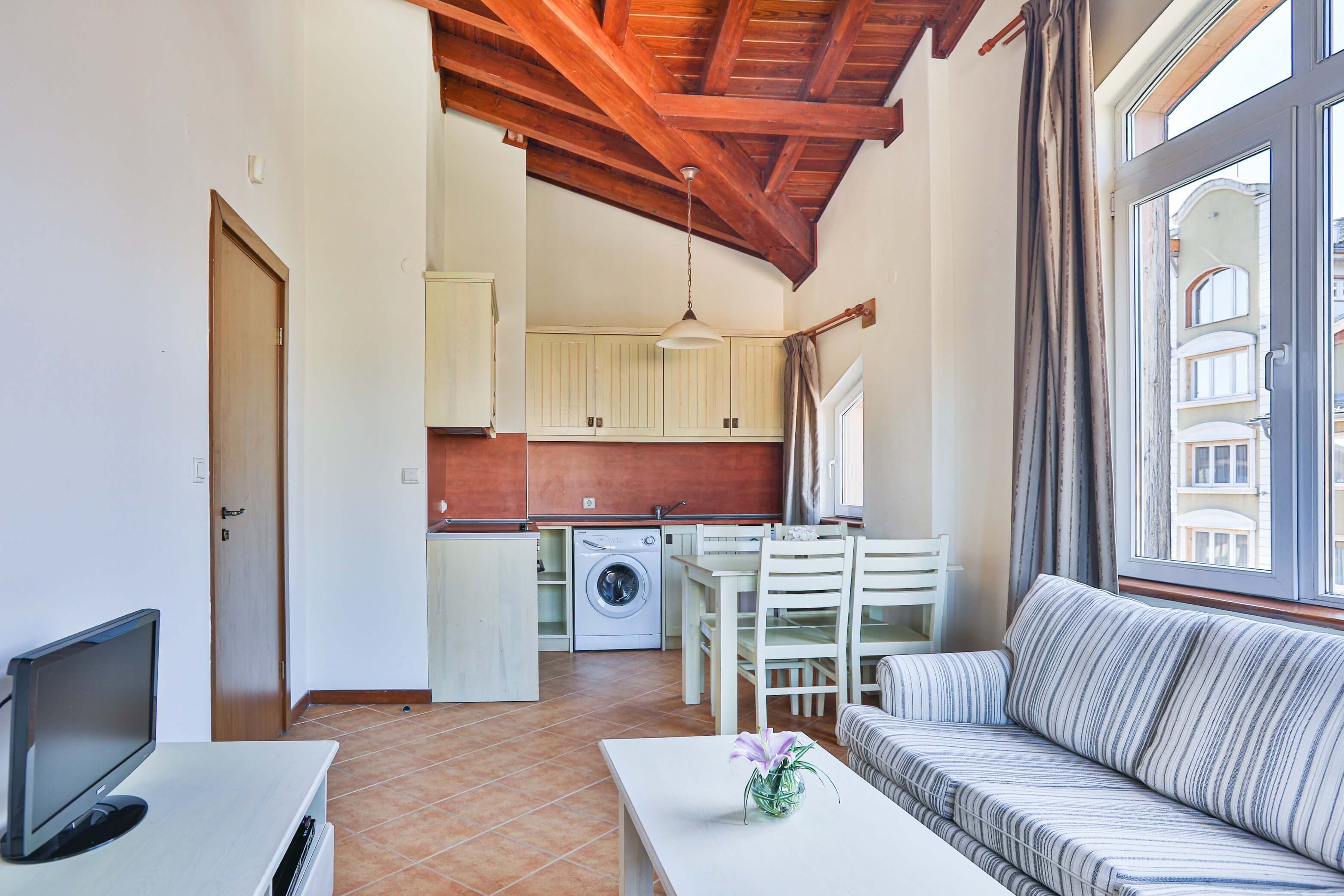 A compact living space with a kitchenette, a dining area, and a sofa.