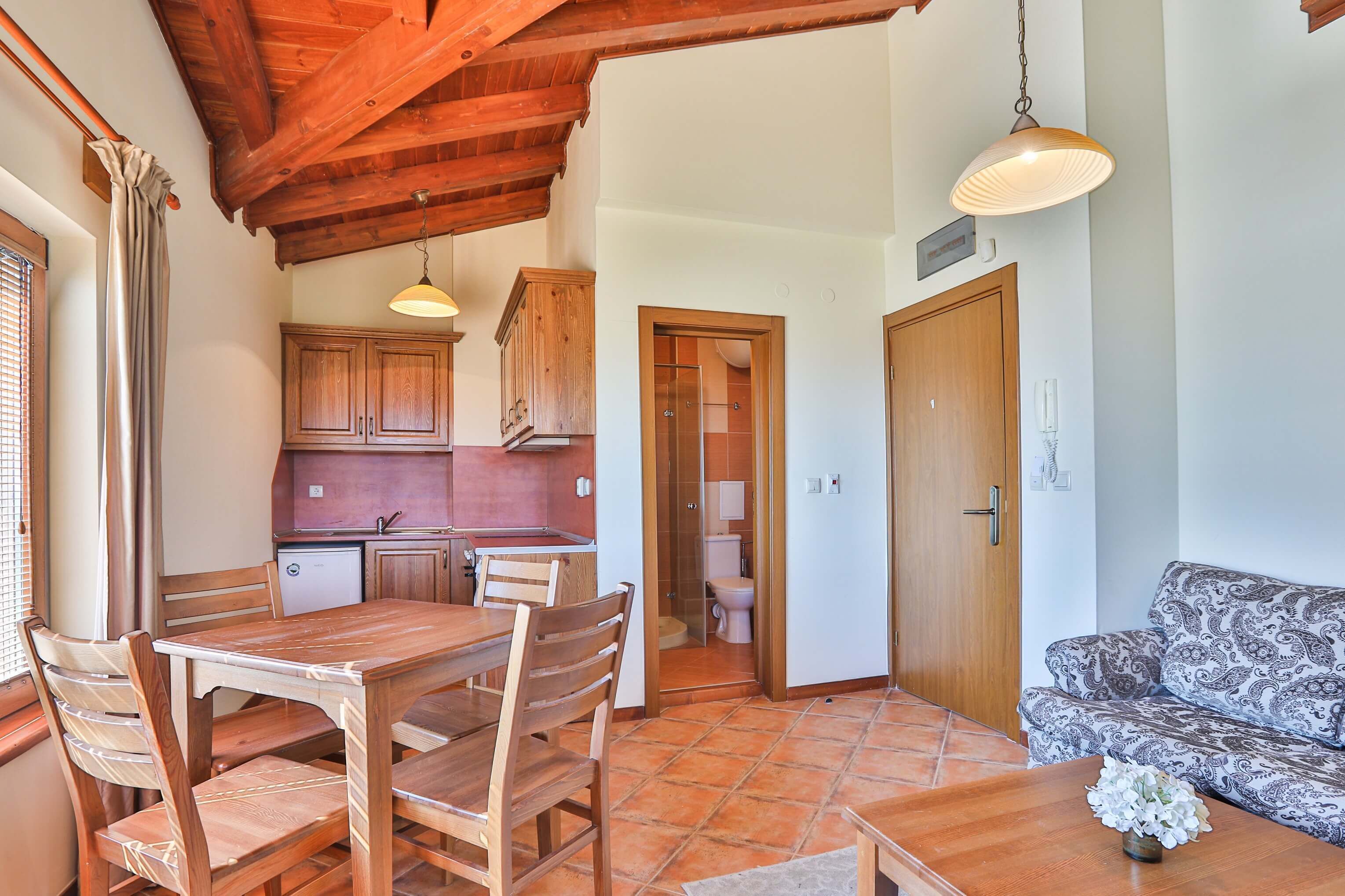 A compact living space with a wooden dining table, chairs, a sofa, and a kitchen area with cabinets and a sink.