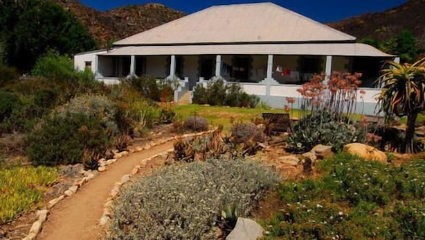 A modern building with a flat roof and a covered porch, surrounded by a landscaped garden with various plants and a winding path. - Cedar Falls (Willowmore)