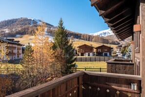 A wooden cabin with a balcony overlooking a snowy mountain and a village. - Residence Nevegall by Original Galli (Livigno)