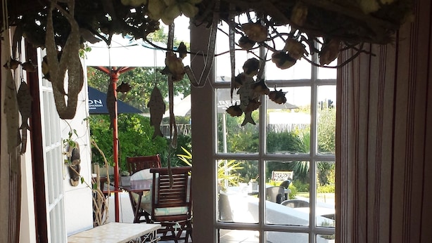 A room with a large window, a table, chairs, and a hanging plant arrangement. - Walker Bay Manor (Hermanus)