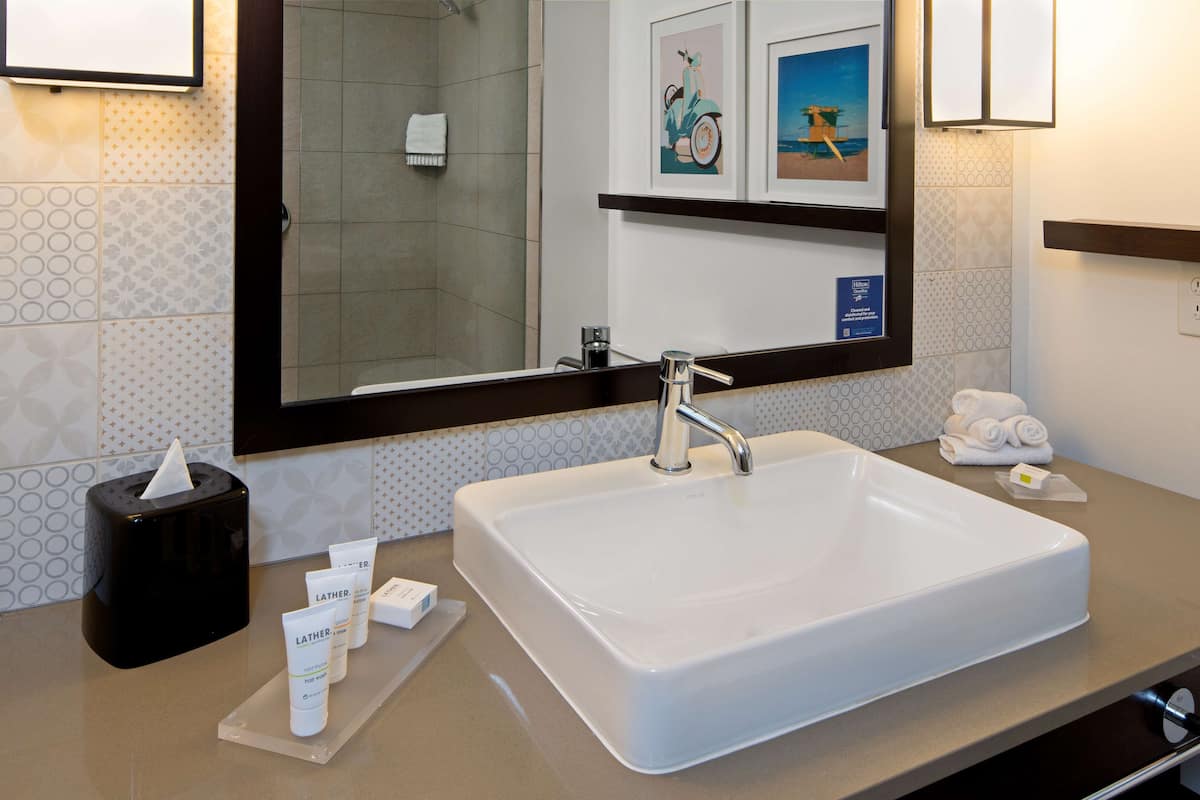 combined shower/bathtub, free toiletries, hair dryer, towels