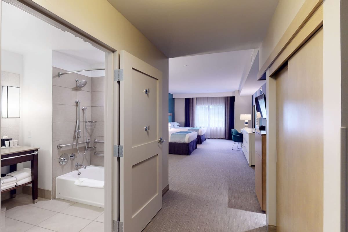 room, 2 queen beds, accessible, bathtub (mobility & hearing) | bathroom | combined shower/bathtub, free toiletries, hair dryer, towels