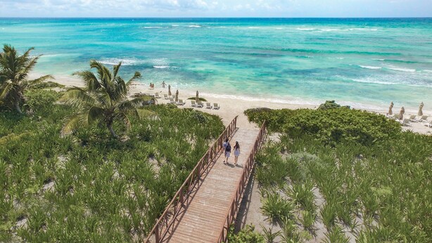 A wooden boardwalk leading to a beach with clear turquoise water and palm trees. - Unico Hotel Riviera Maya - Adults Only - All Inclusive (Kantenah)
