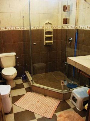 A bathroom with a toilet, a shower enclosure, and a sink.