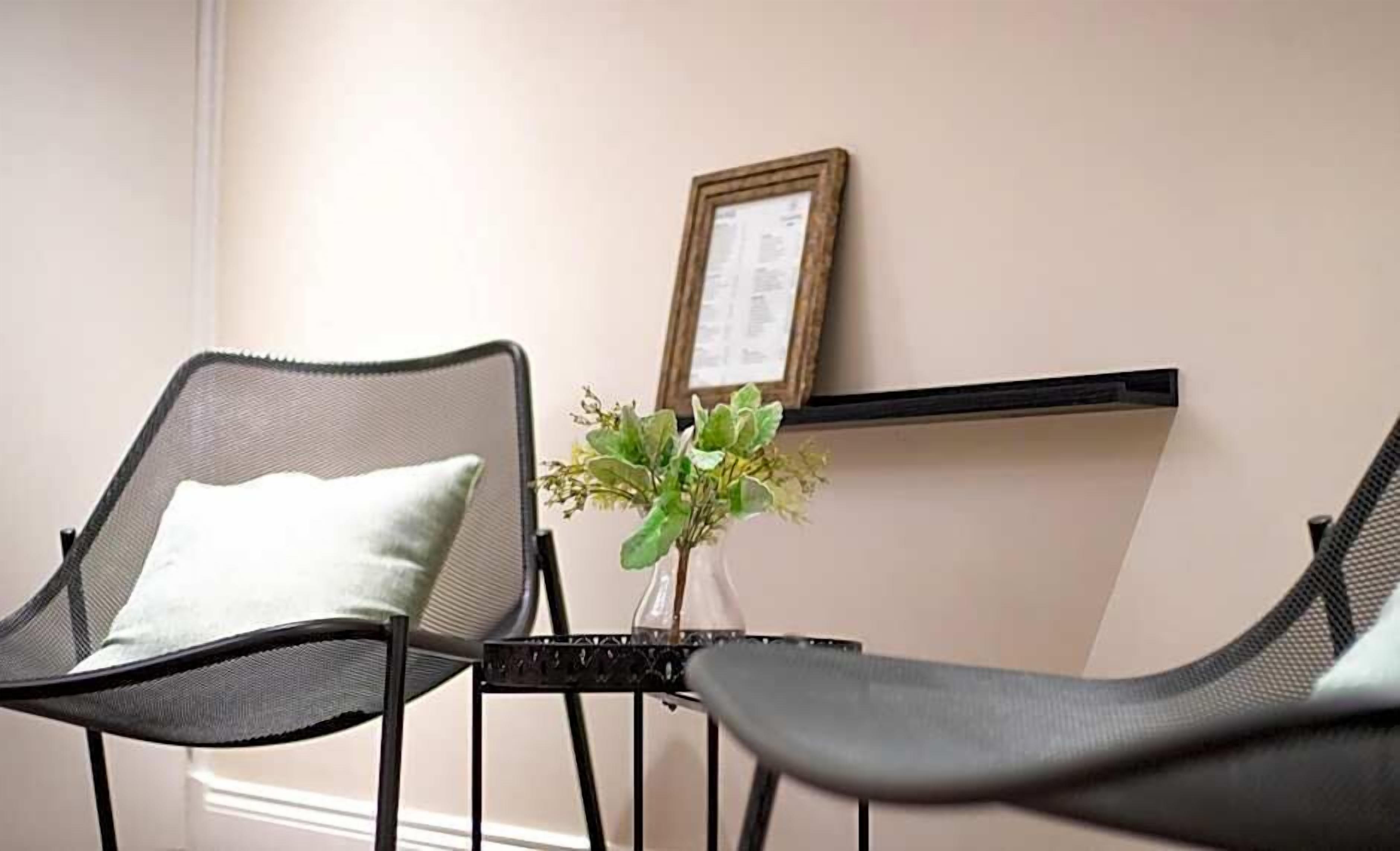 Una habitación con dos sillas de malla negra, una con cojín blanco, y una pequeña mesa con un florero de plantas verdes.