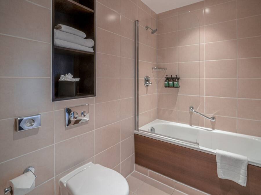 A modern bathroom with a bathtub, a toilet, and a shower area.