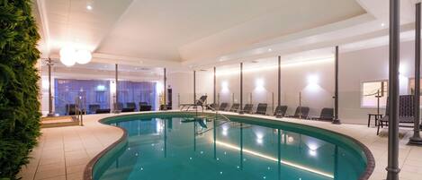 Indoor pool, open 8:00 AM to 9:00 PM, sun loungers
