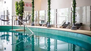 Indoor pool, open 8:00 AM to 9:00 PM, sun loungers