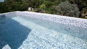 En swimmingpool med flisecant, omgivet af træer og et hus i baggrunden.