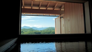 A room with a view of green mountains through a window.