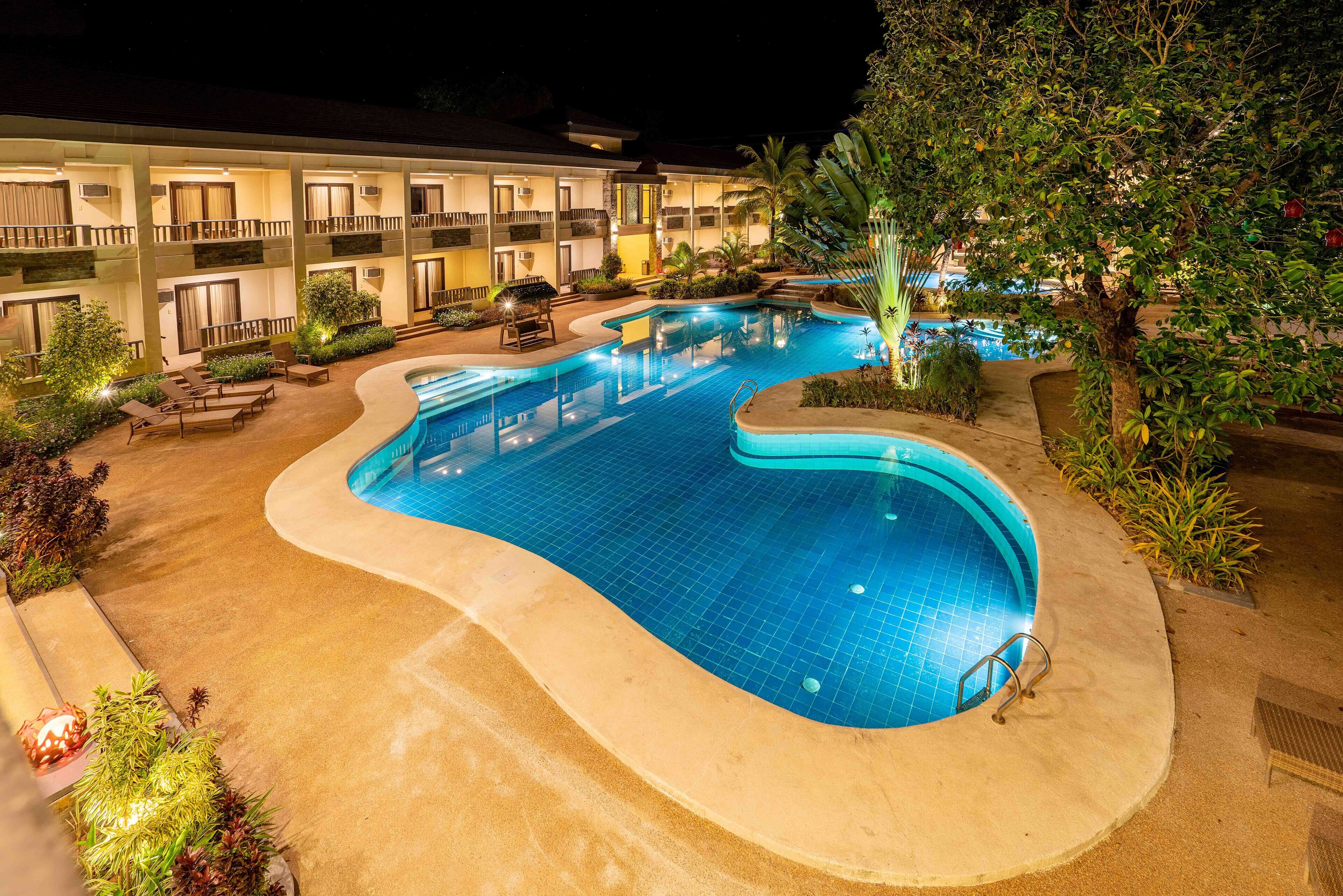 outdoor pool, pool umbrellas, pool loungers