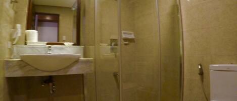 A bathroom with a glass-enclosed shower, a sink, and a toilet.