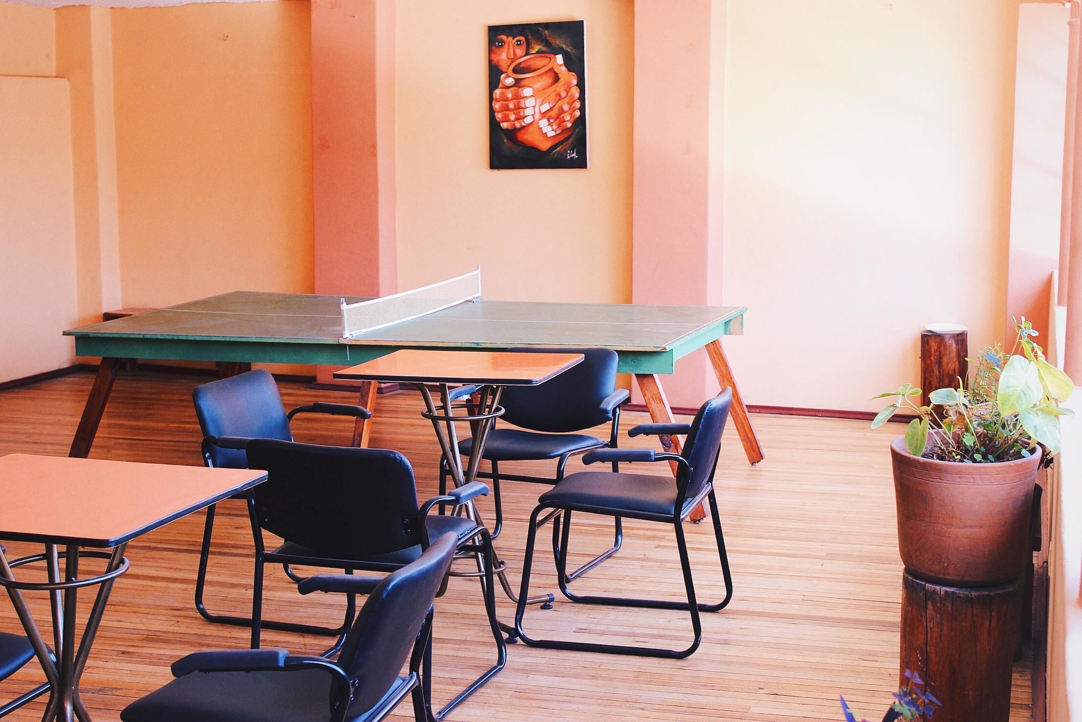 A room with a ping pong table, several chairs, a potted plant, and a painting on the wall.