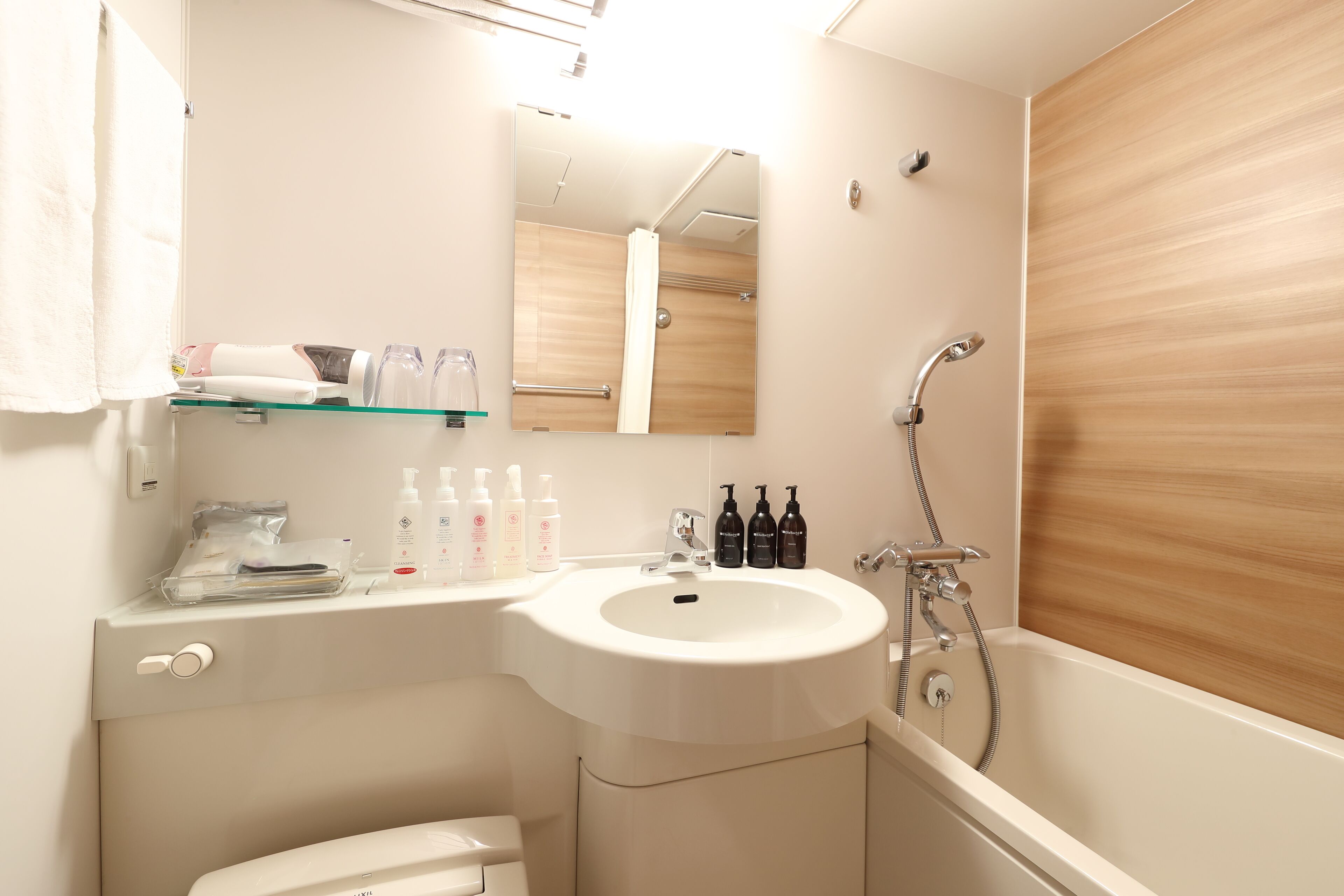 combined shower/bathtub, free toiletries, hair dryer, slippers