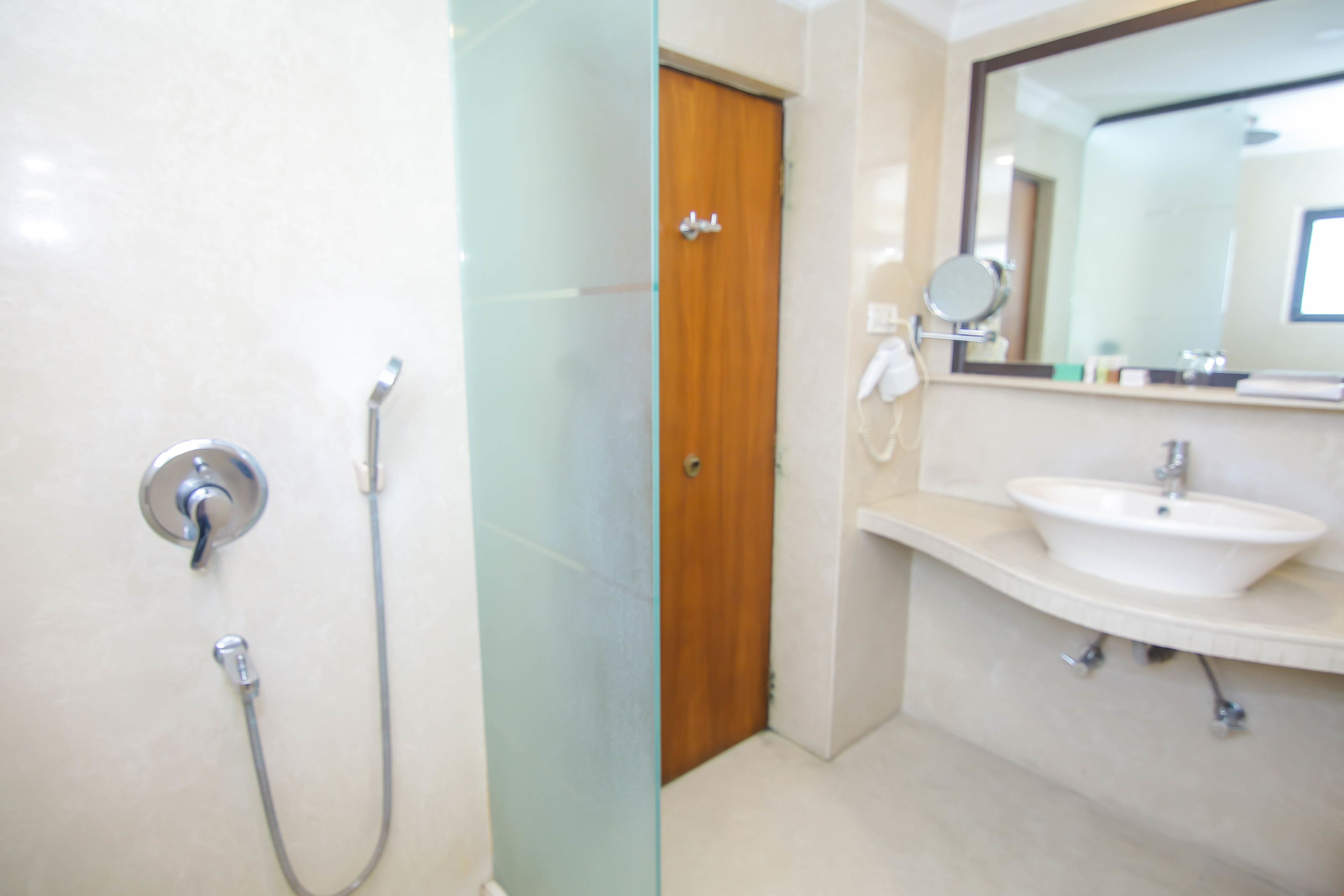 A bathroom with a shower, a sink, a mirror, and a door.