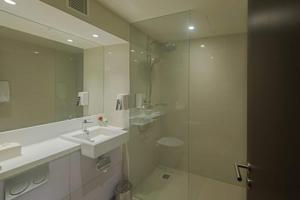 shower, rainfall showerhead, free toiletries, hair dryer