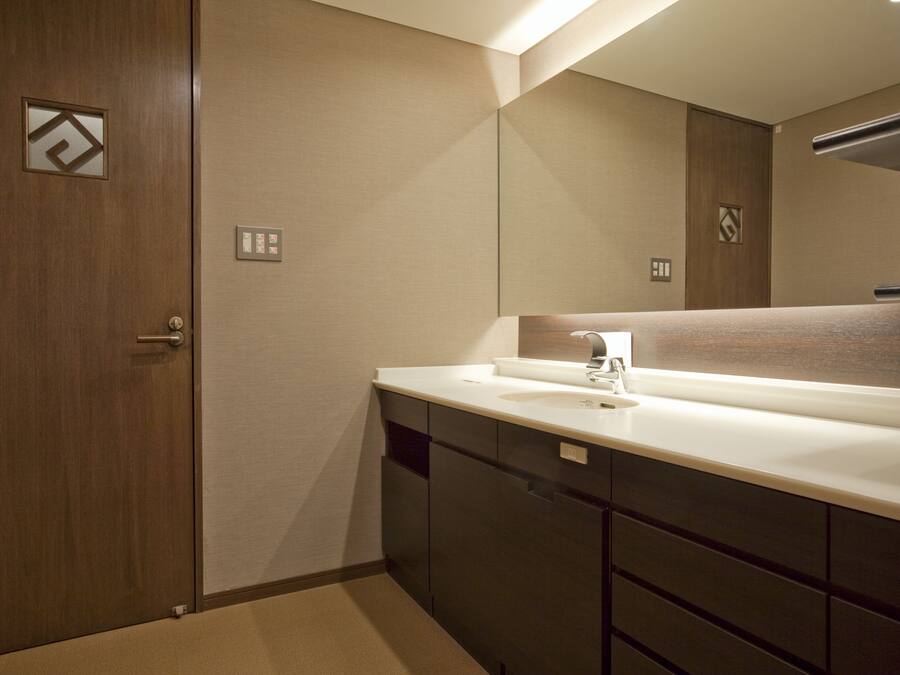 A modern bathroom with a wooden door, a white sink, and a large mirror.