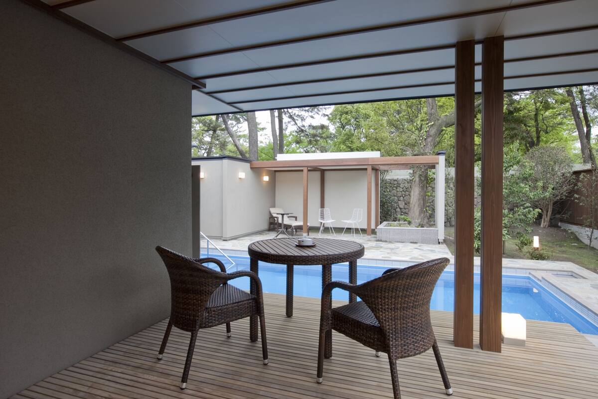 A covered outdoor area with a pool, two wicker chairs, and a table.