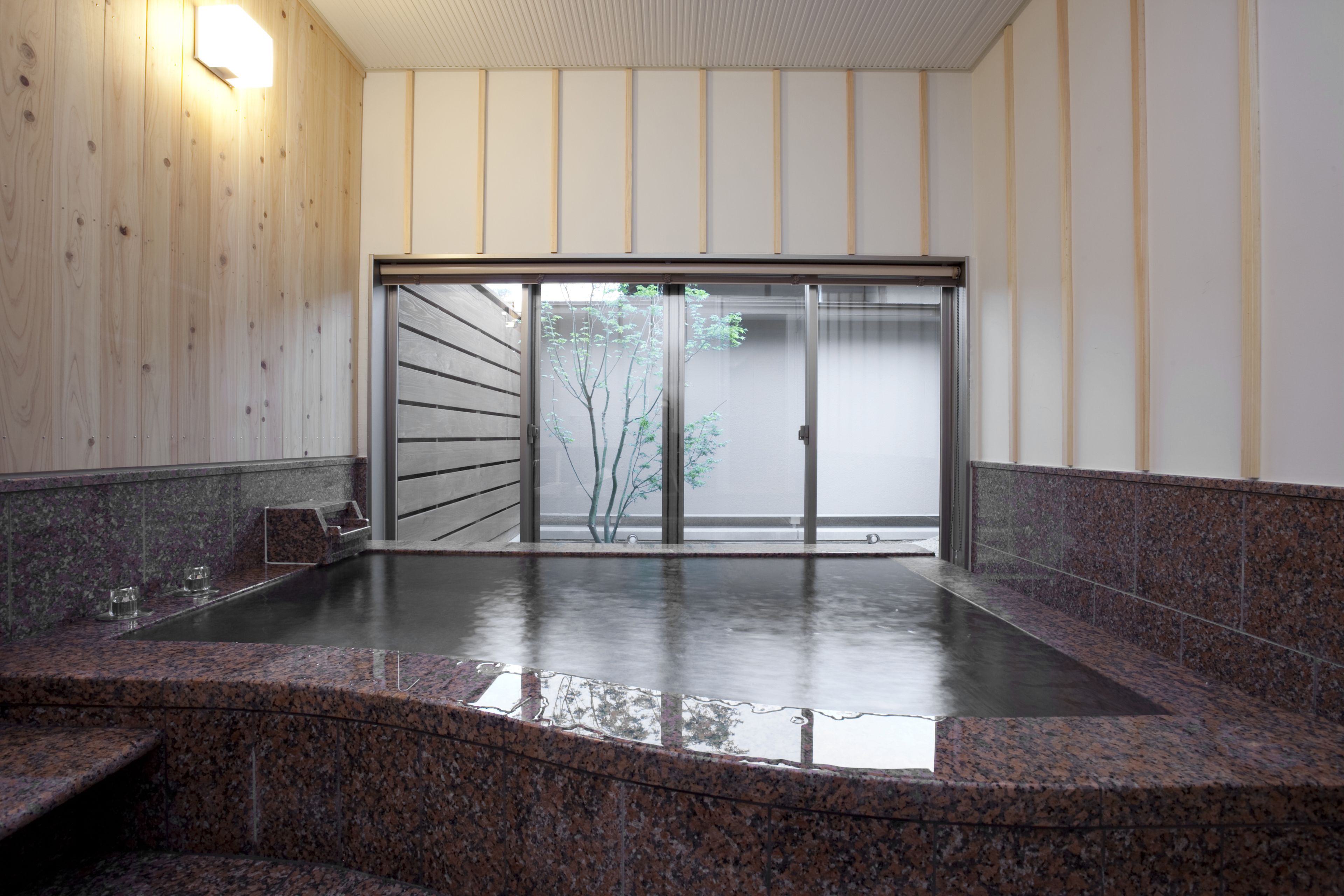 A modern interior with a wet floor, a glass door leading outside, and a wooden wall with a light fixture.
