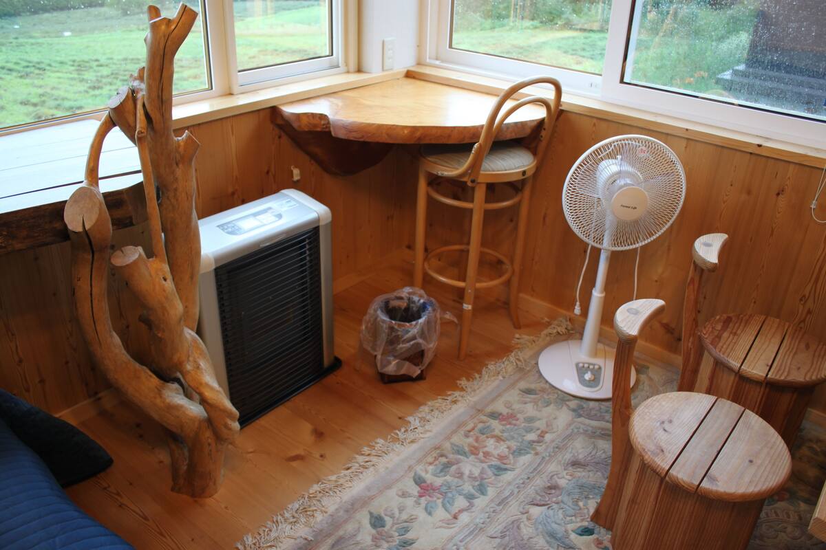 A cozy room with a wooden table, a fan, a chair, and a radiator.