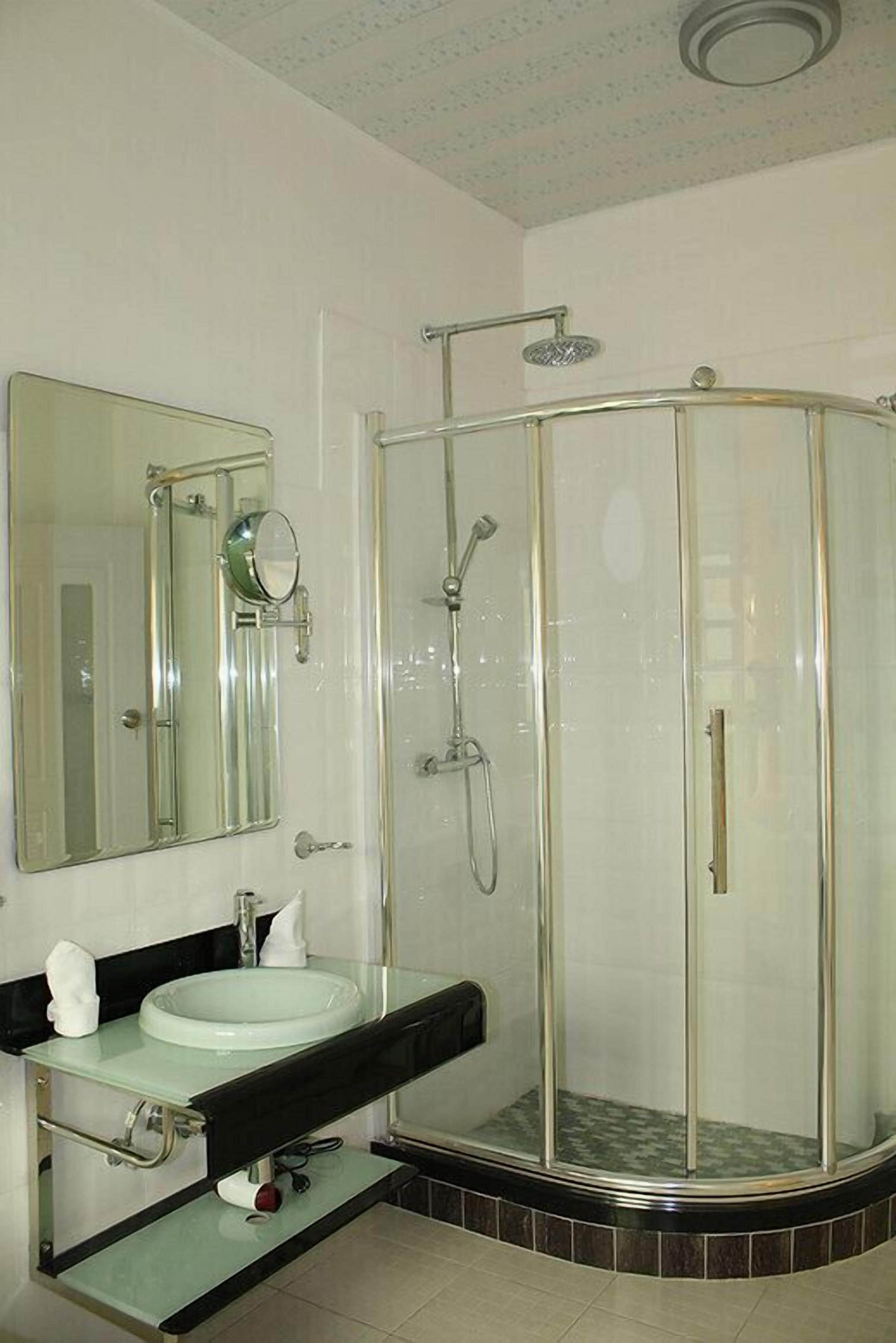 Une salle de bain avec une douche à parois de verre, un lavabo avec un miroir et un porte-serviettes.