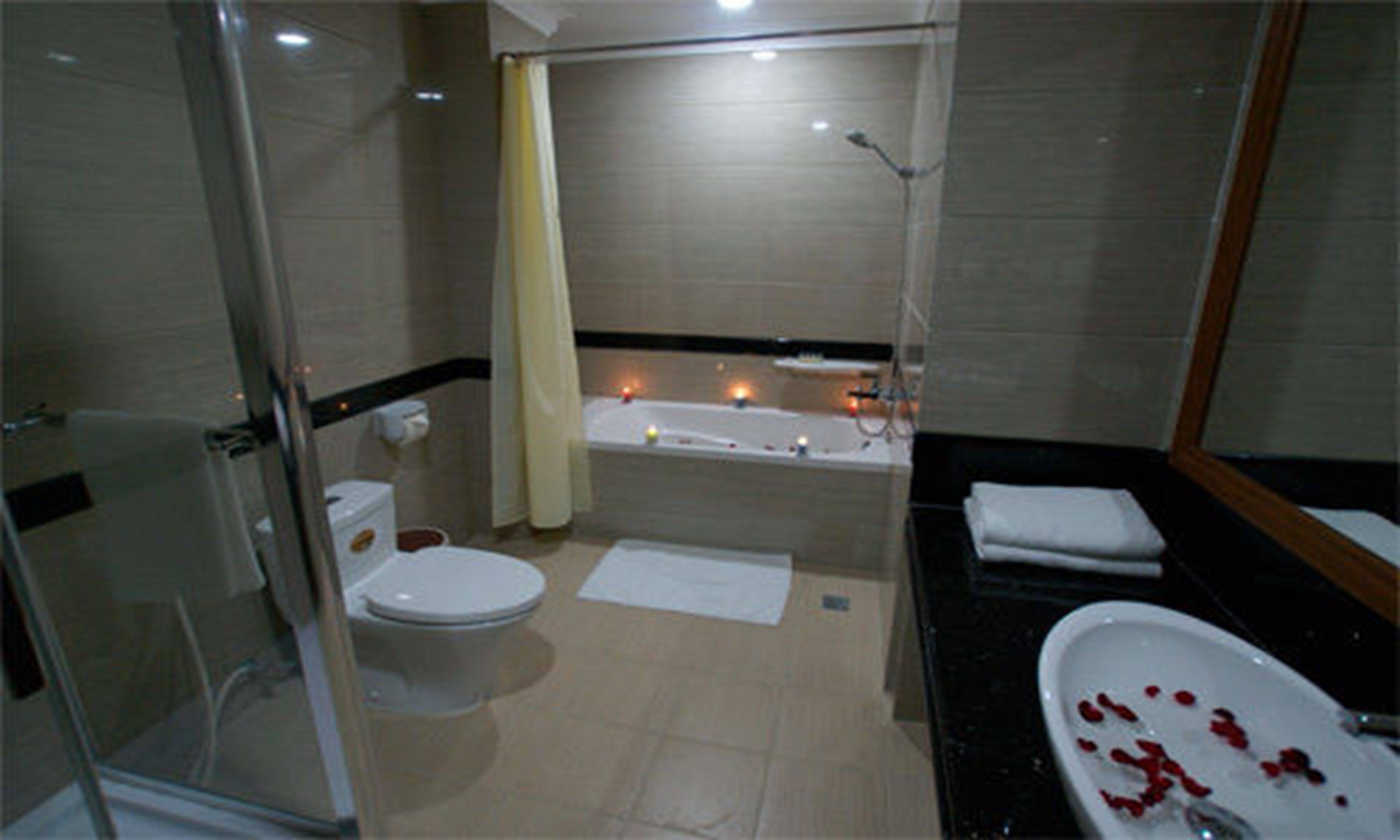 Ein modernes Badezimmer mit Duschkabine aus Glas, einer Badewanne mit Kerzen, einer Toilette und einem Waschbecken mit Rosenblättern.