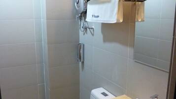 Shower, free toiletries, hair dryer, towels