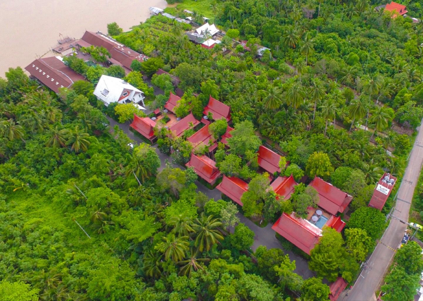 Una vista aerea di una zona residenziale con case circondate da vegetazione lussureggiante e una spiaggia sullo sfondo.