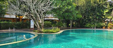 A clear blue pool surrounded by lush greenery and a building with a tiled roof.