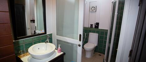 Un baño con lavamanos blanco, espejo, inodoro y zona de ducha.