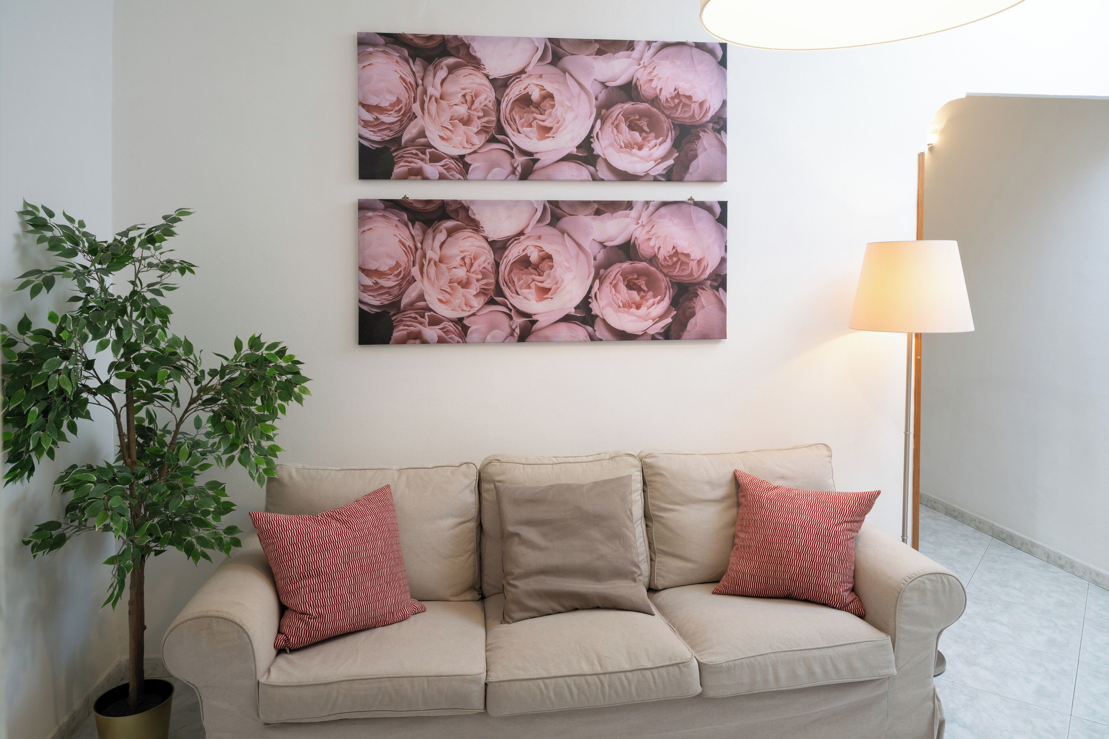 A beige sofa with two red and white pillows, a potted plant, and two floral wall art pieces.