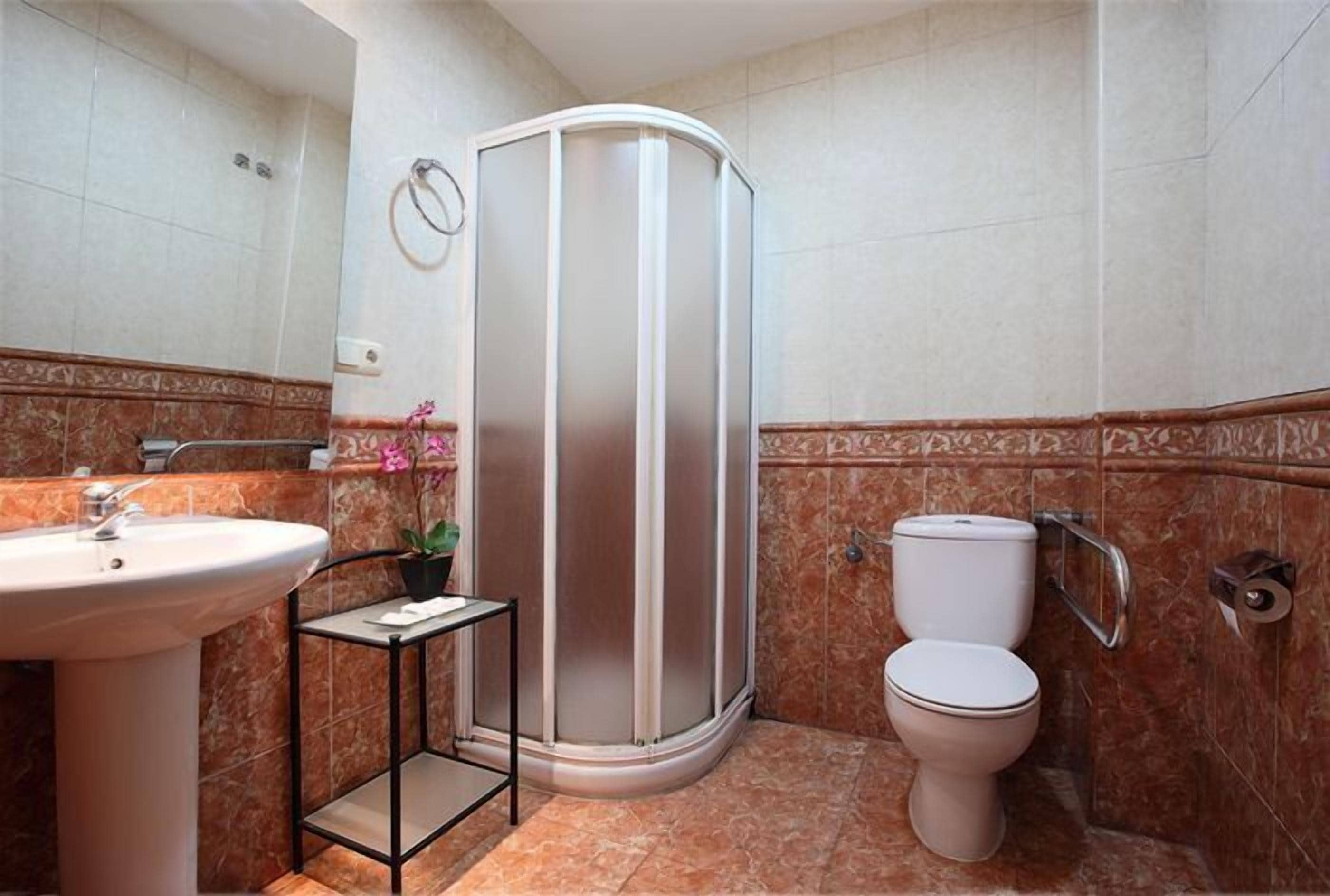 Een badkamer met douchecabine, toilet, wastafel en een klein tafeltje met een bloempot.