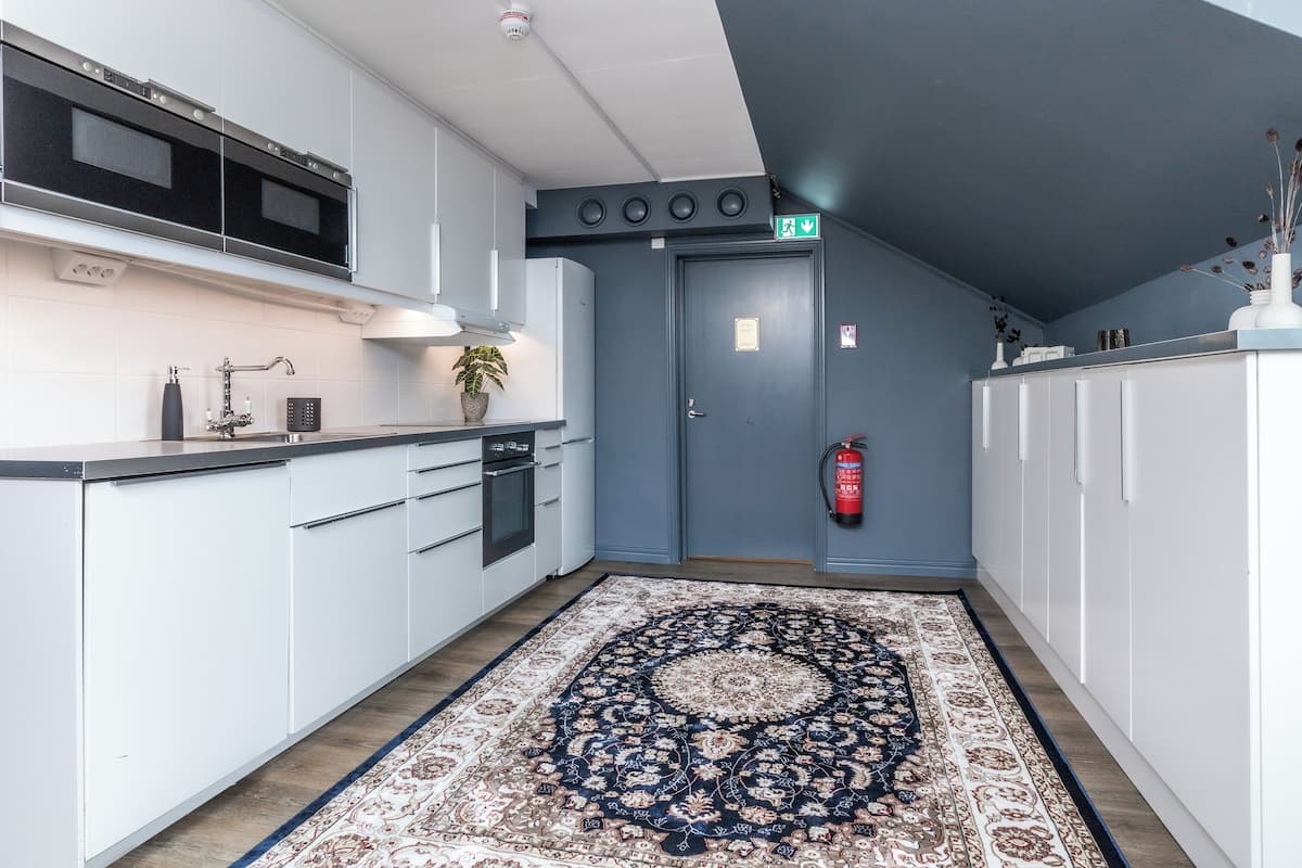 A modern kitchen with white cabinets, a built-in oven, and a patterned rug.
