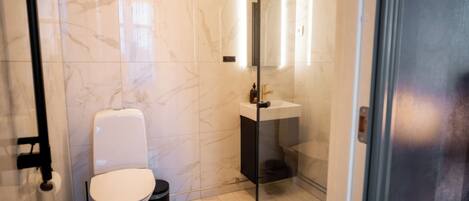 A modern bathroom with a toilet, sink, and glass shower enclosure.