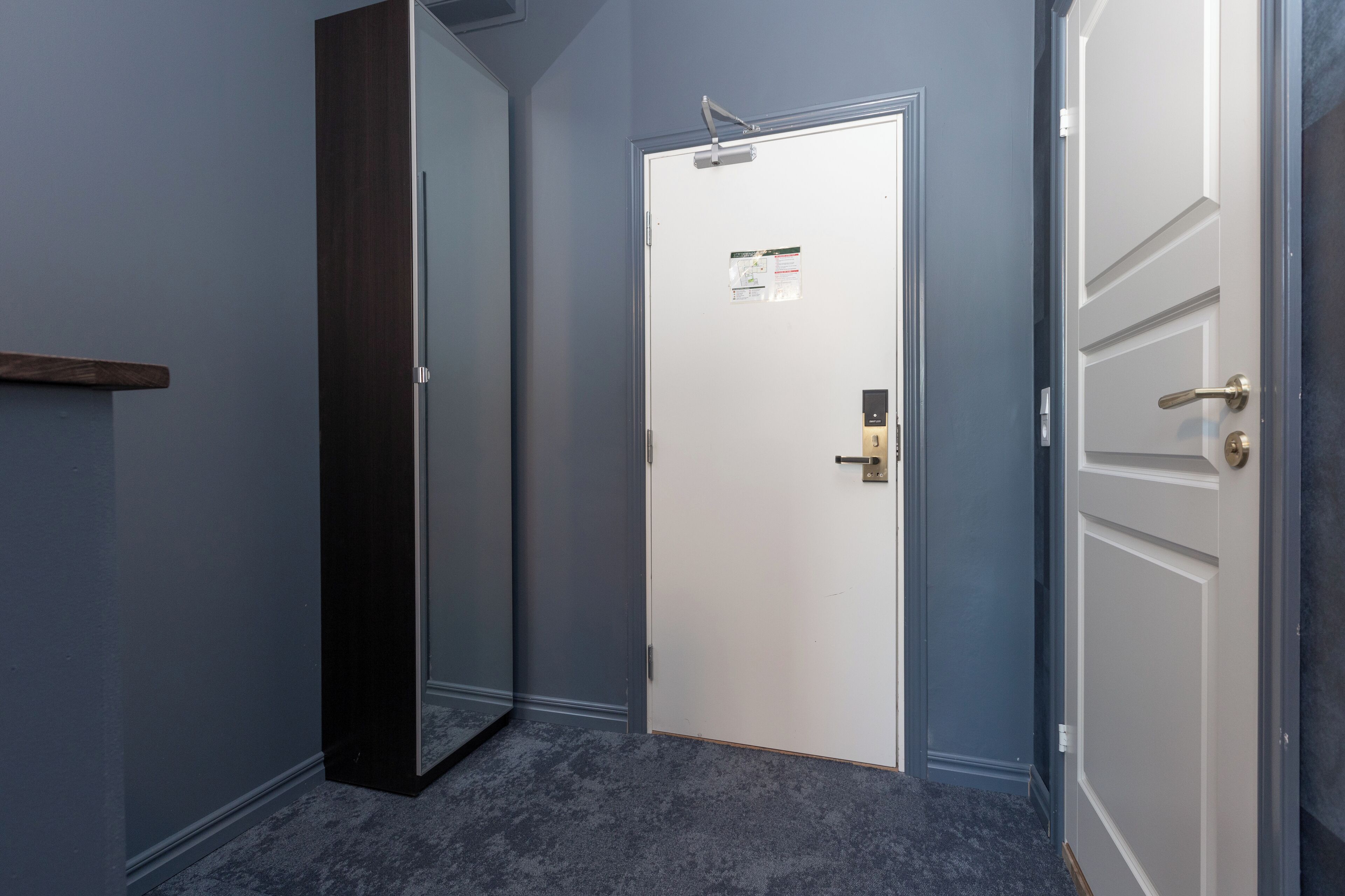 Un pasillo con una puerta blanca, una puerta de madera oscura y un pequeño estante.